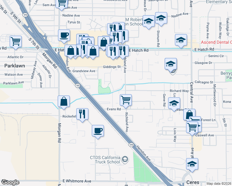 map of restaurants, bars, coffee shops, grocery stores, and more near 1675 Richland Avenue in Ceres