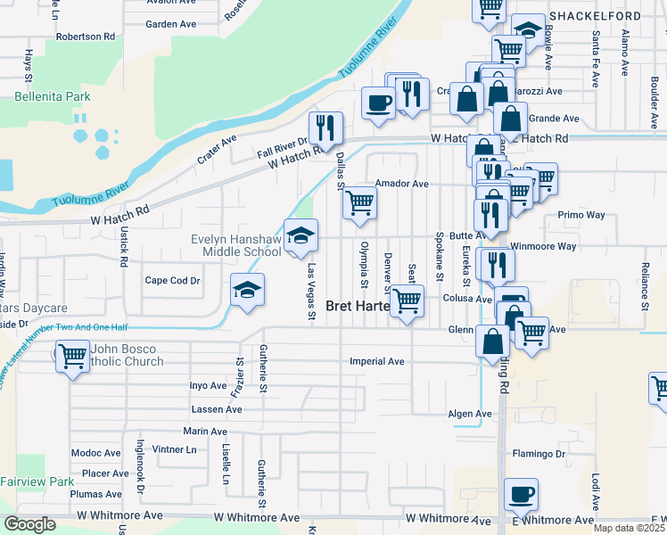 map of restaurants, bars, coffee shops, grocery stores, and more near 1718 Las Vegas Street in Modesto