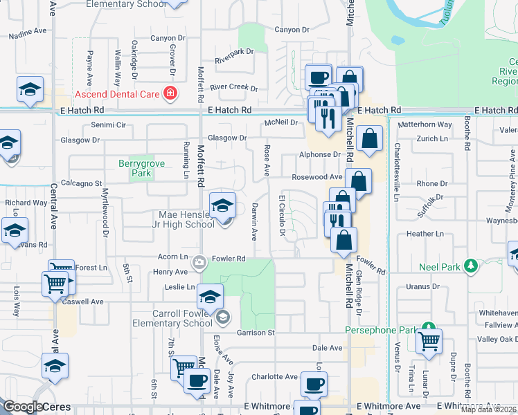 map of restaurants, bars, coffee shops, grocery stores, and more near 1728 Darwin Avenue in Ceres