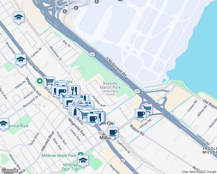 map of restaurants, bars, coffee shops, grocery stores, and more near 105 Lerida Avenue in Millbrae
