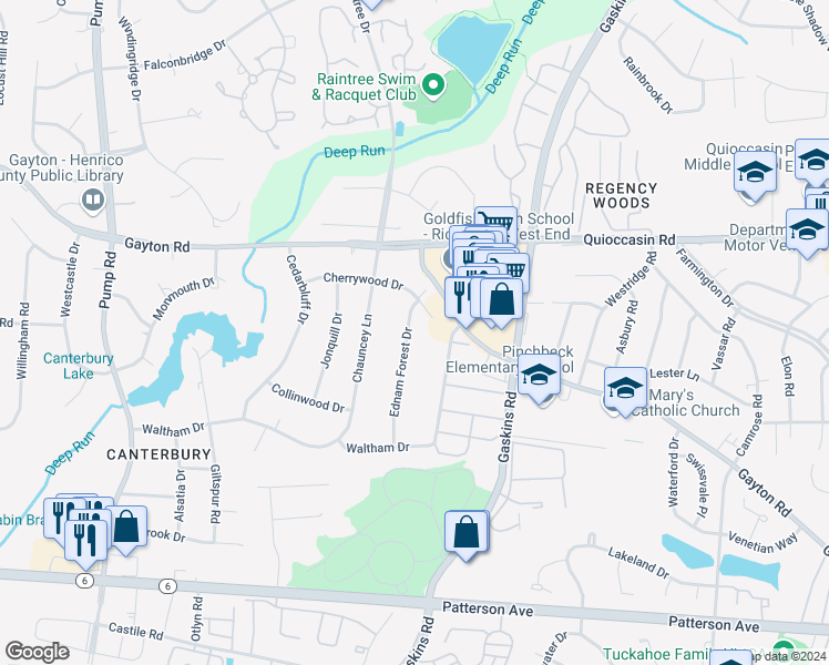 map of restaurants, bars, coffee shops, grocery stores, and more near 1521 Ednam Forest Drive in Richmond