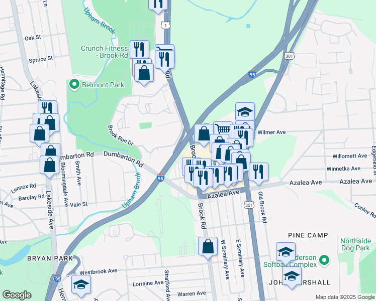 map of restaurants, bars, coffee shops, grocery stores, and more near 5308 Brook Road in Richmond