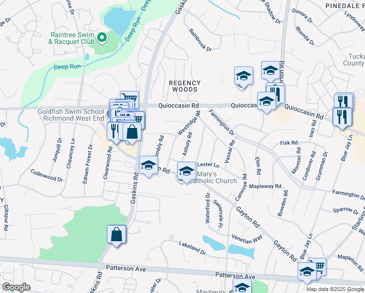 map of restaurants, bars, coffee shops, grocery stores, and more near 1310 Asbury Rd in Henrico