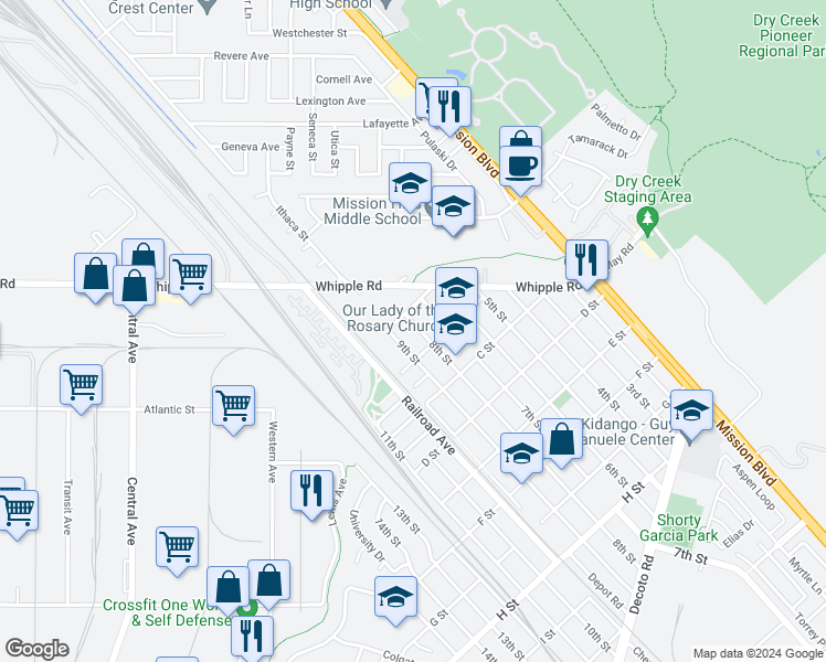 map of restaurants, bars, coffee shops, grocery stores, and more near 33127 8th Street in Union City