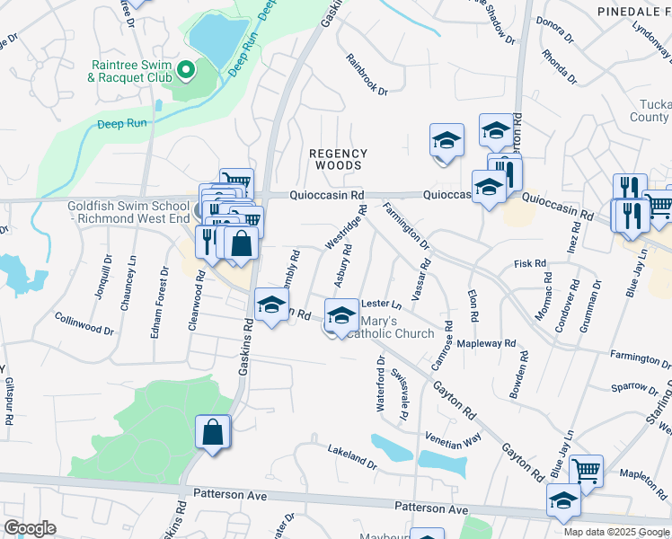 map of restaurants, bars, coffee shops, grocery stores, and more near 1310 Asbury Rd in Henrico