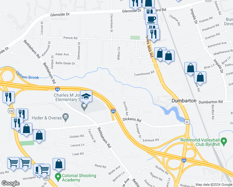 map of restaurants, bars, coffee shops, grocery stores, and more near 3303 Listerbrook Court in Richmond