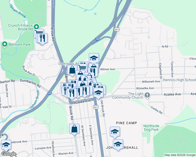 map of restaurants, bars, coffee shops, grocery stores, and more near 5327 Chamberlayne Rd in Richmond