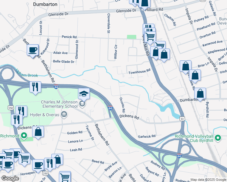 map of restaurants, bars, coffee shops, grocery stores, and more near 3303 Listerbrook Court in Richmond