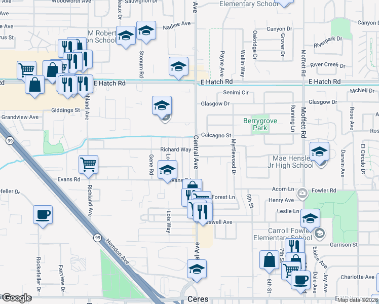 map of restaurants, bars, coffee shops, grocery stores, and more near 2068 Richard Way in Ceres