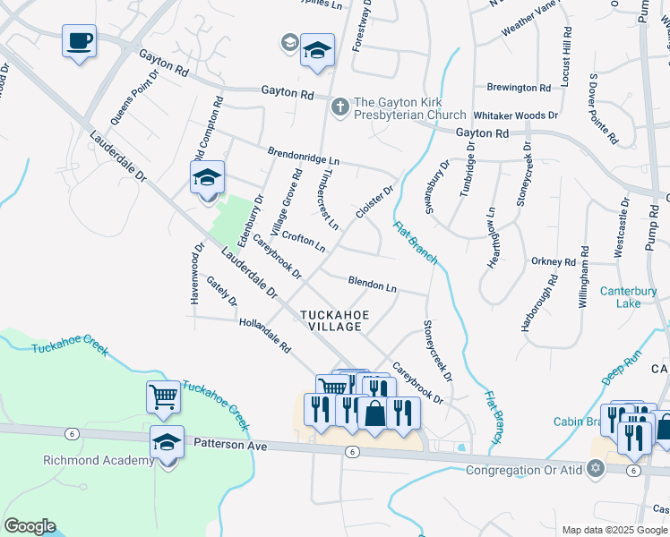 map of restaurants, bars, coffee shops, grocery stores, and more near 11421 Homestead Lane in Richmond
