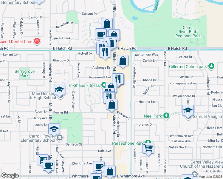 map of restaurants, bars, coffee shops, grocery stores, and more near 1765 Mitchell Rd in Ceres
