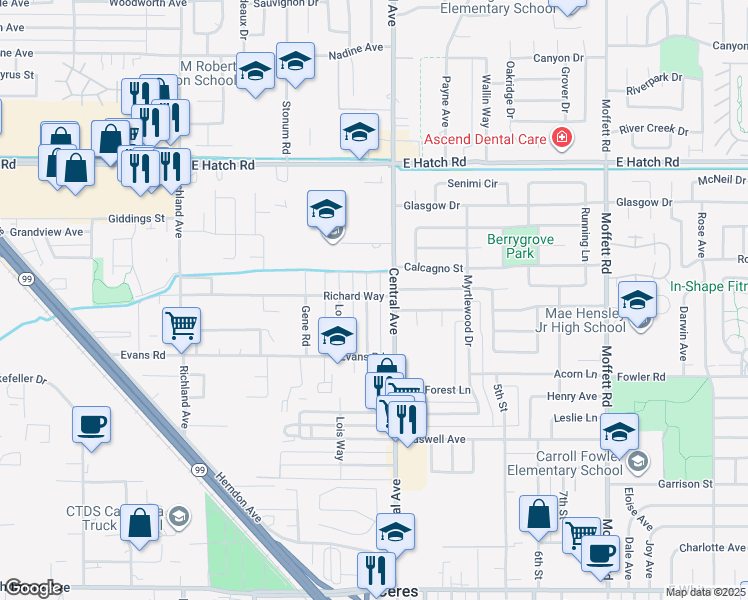 map of restaurants, bars, coffee shops, grocery stores, and more near 1671 Margaret Way in Ceres