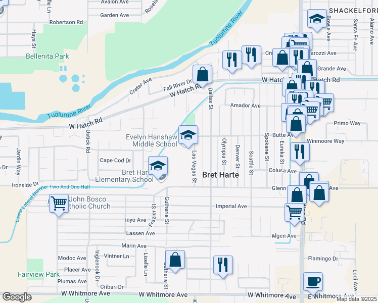 map of restaurants, bars, coffee shops, grocery stores, and more near 1725 Las Vegas St in Modesto