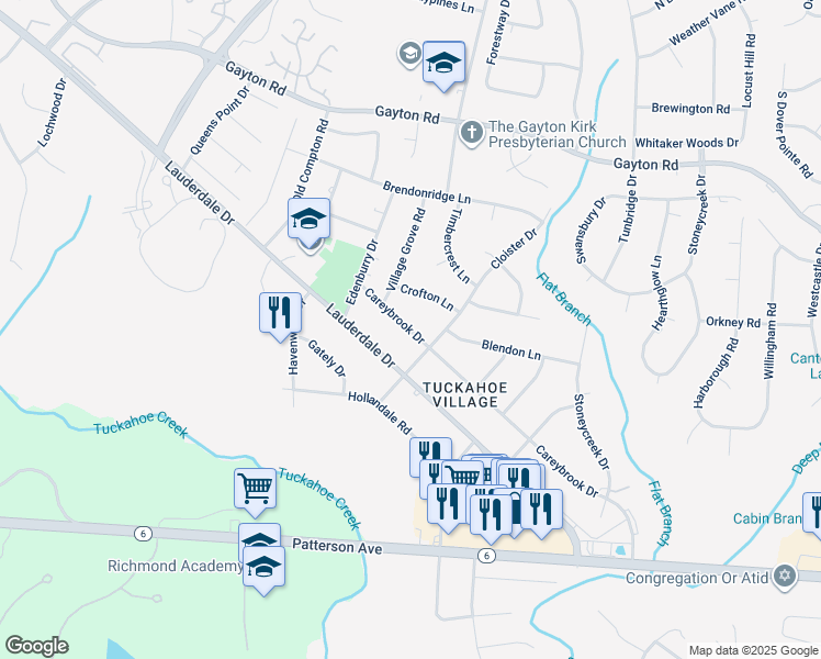 map of restaurants, bars, coffee shops, grocery stores, and more near 1705 Careybrook Drive in Henrico