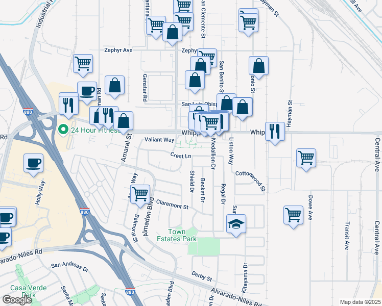 map of restaurants, bars, coffee shops, grocery stores, and more near 32306 Crest Lane in Union City