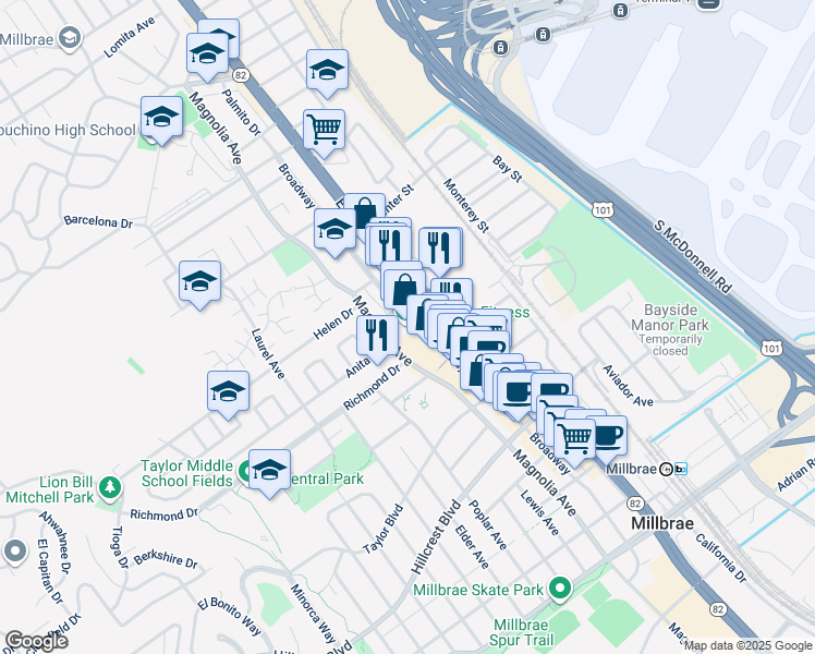 map of restaurants, bars, coffee shops, grocery stores, and more near 2 Millbrae Circle in Millbrae