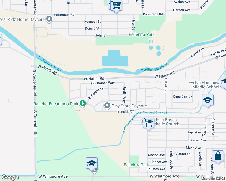 map of restaurants, bars, coffee shops, grocery stores, and more near 1901 El Sereno Street in Modesto