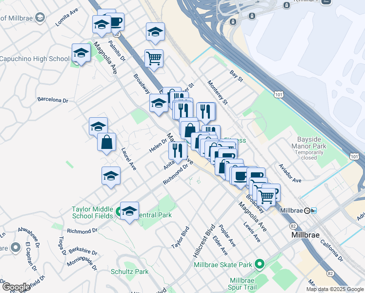 map of restaurants, bars, coffee shops, grocery stores, and more near 1010 Magnolia Avenue in Millbrae