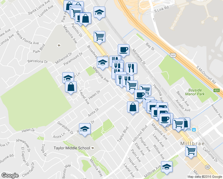map of restaurants, bars, coffee shops, grocery stores, and more near 1010 Magnolia Avenue in Millbrae
