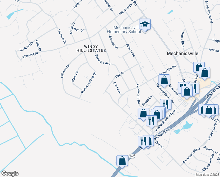 map of restaurants, bars, coffee shops, grocery stores, and more near 5703 Oak Street in Mechanicsville