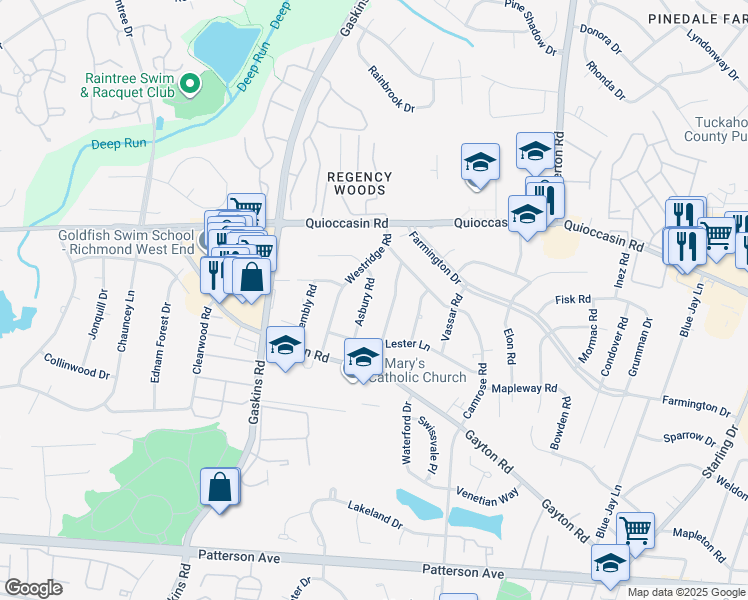map of restaurants, bars, coffee shops, grocery stores, and more near 1315 Asbury Road in Richmond