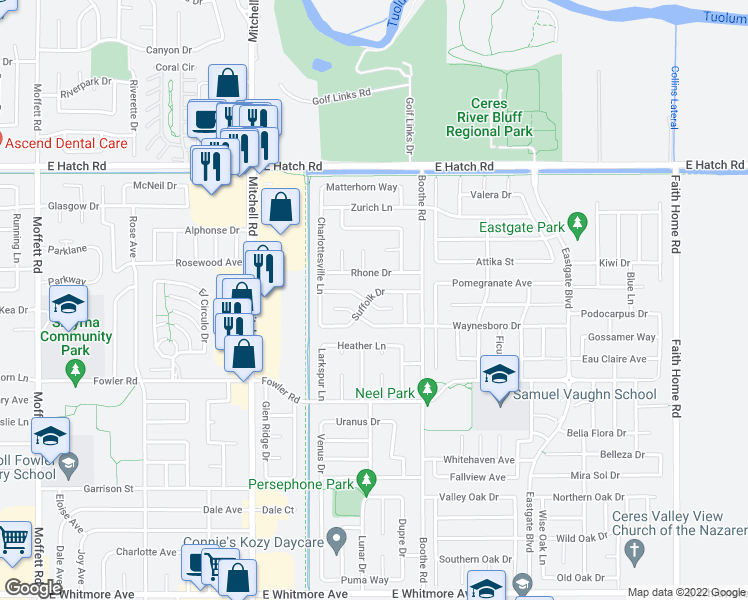 map of restaurants, bars, coffee shops, grocery stores, and more near 3400 Suffolk Drive in Ceres