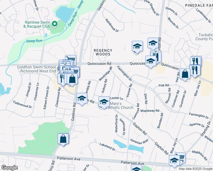 map of restaurants, bars, coffee shops, grocery stores, and more near 1315 Asbury Road in Richmond