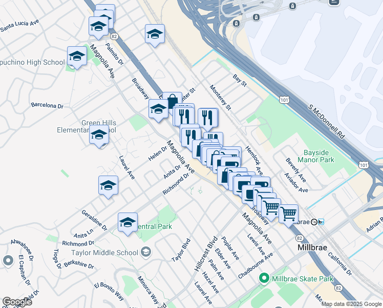 map of restaurants, bars, coffee shops, grocery stores, and more near 985 Broadway in Millbrae