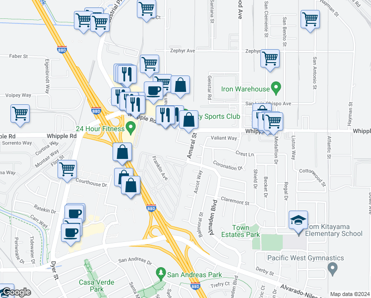 map of restaurants, bars, coffee shops, grocery stores, and more near 2410 Pratt Avenue in Hayward