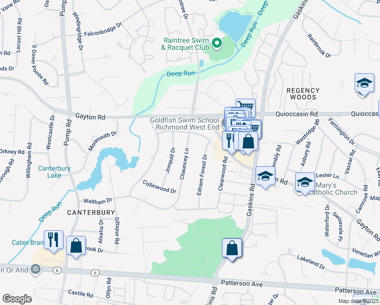 map of restaurants, bars, coffee shops, grocery stores, and more near 1517 Chauncey Lane in Richmond