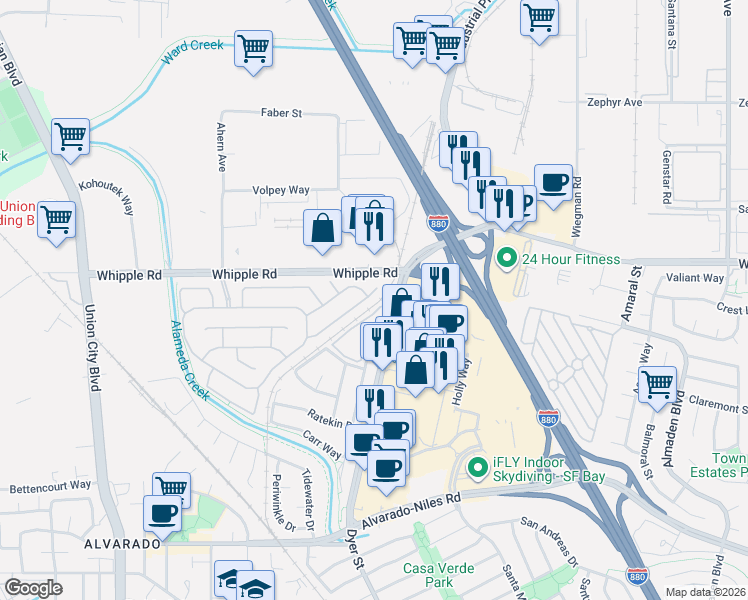 map of restaurants, bars, coffee shops, grocery stores, and more near 2822 Montair Place in Union City