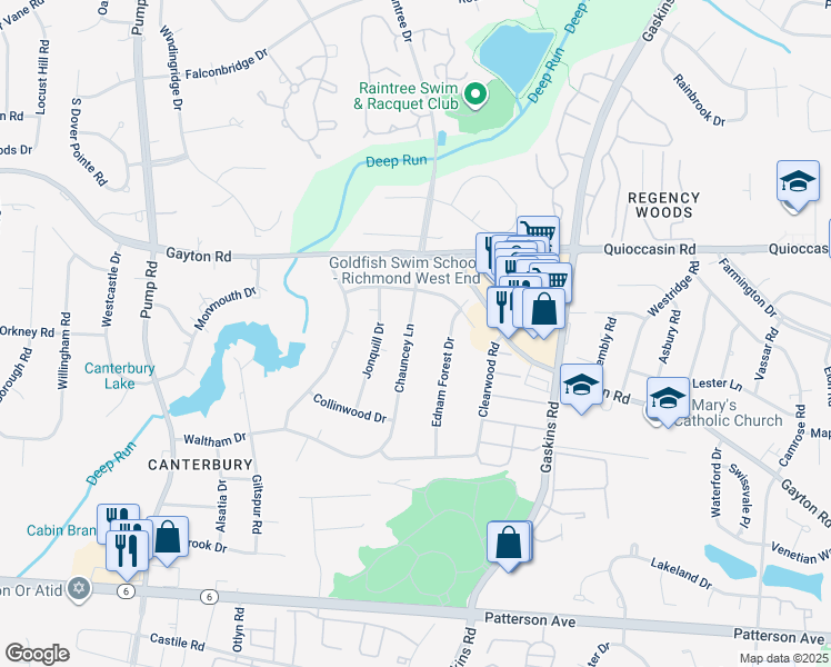 map of restaurants, bars, coffee shops, grocery stores, and more near 1517 Chauncey Lane in Richmond