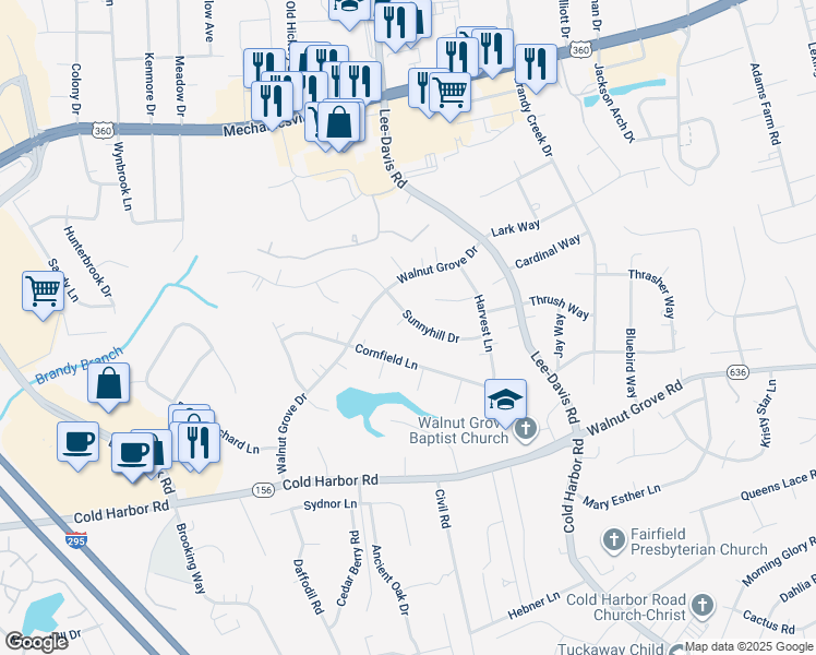 map of restaurants, bars, coffee shops, grocery stores, and more near 7027 Sunnyhill Drive in Mechanicsville