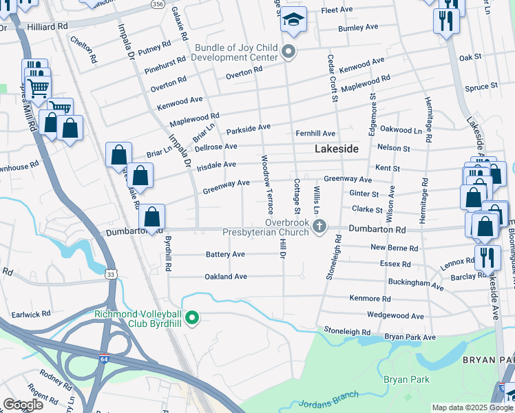 map of restaurants, bars, coffee shops, grocery stores, and more near 2803 Ginter Street in Richmond