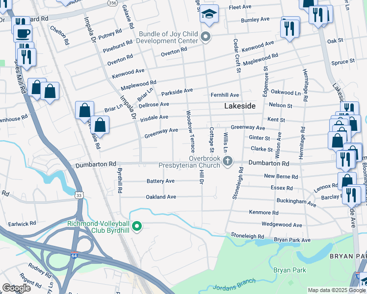 map of restaurants, bars, coffee shops, grocery stores, and more near 2803 Ginter Street in Richmond