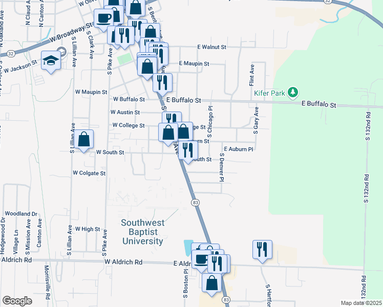 map of restaurants, bars, coffee shops, grocery stores, and more near 922 South Springfield Avenue in Bolivar