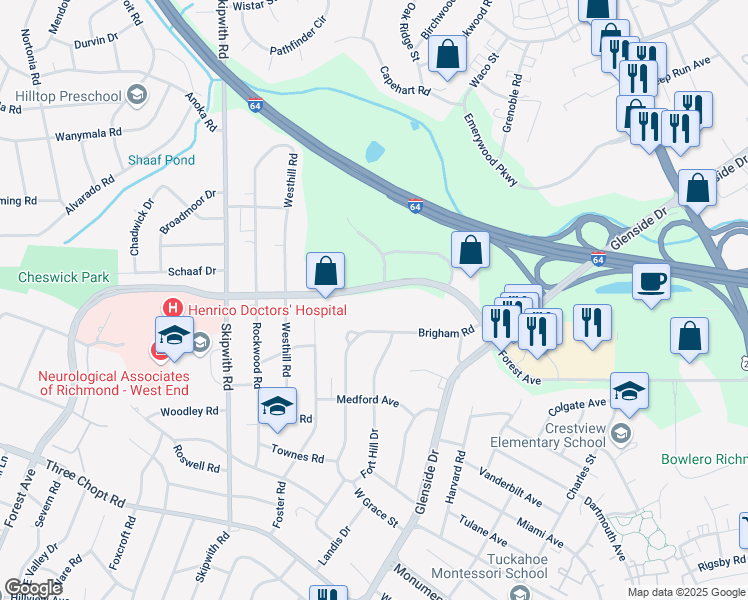 map of restaurants, bars, coffee shops, grocery stores, and more near 7267-7299 Forest Avenue in Richmond