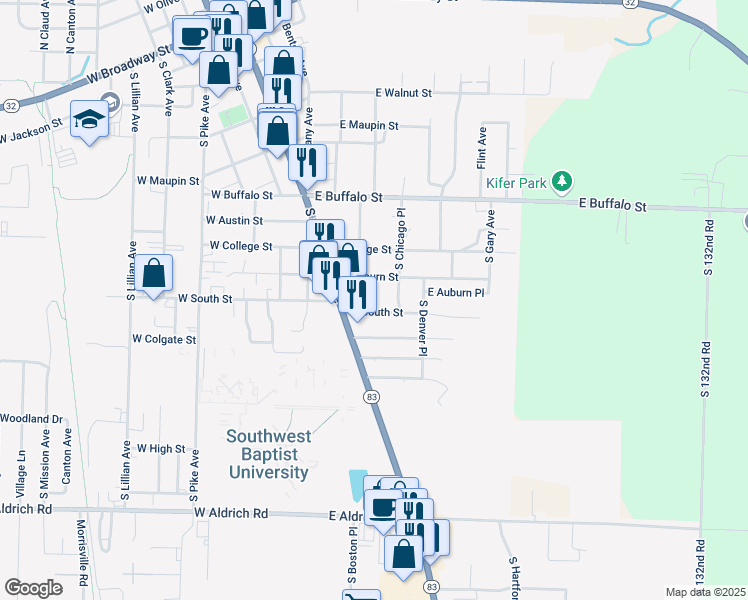 map of restaurants, bars, coffee shops, grocery stores, and more near 922 South Springfield Avenue in Bolivar
