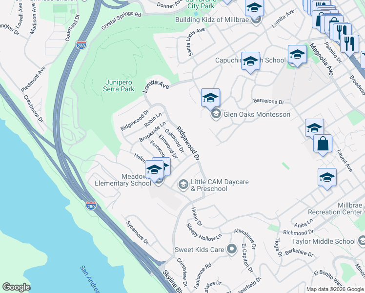 map of restaurants, bars, coffee shops, grocery stores, and more near 1129 Ridgewood Drive in Millbrae