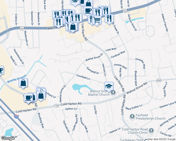 map of restaurants, bars, coffee shops, grocery stores, and more near 7027 Sunnyhill Drive in Mechanicsville