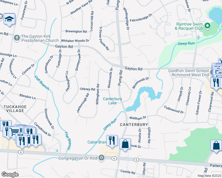 map of restaurants, bars, coffee shops, grocery stores, and more near 1611 Westcastle Drive in Richmond