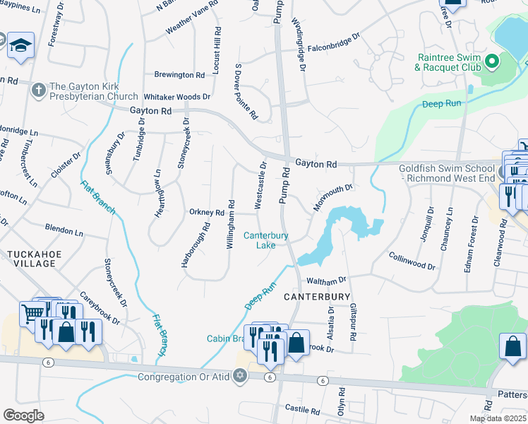map of restaurants, bars, coffee shops, grocery stores, and more near 1611 Westcastle Drive in Richmond