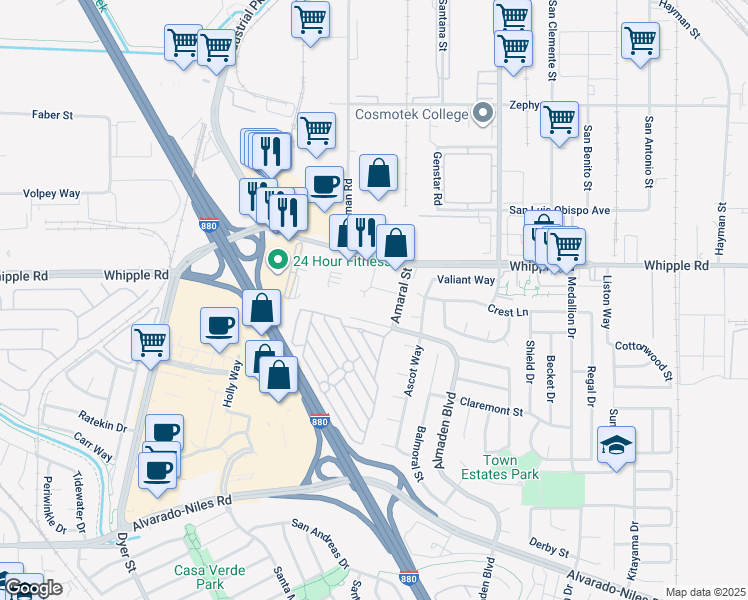 map of restaurants, bars, coffee shops, grocery stores, and more near 2410 Pratt Avenue in Hayward