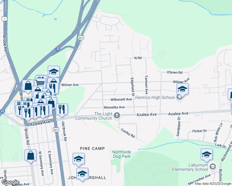 map of restaurants, bars, coffee shops, grocery stores, and more near 739 Windomere Avenue in Richmond