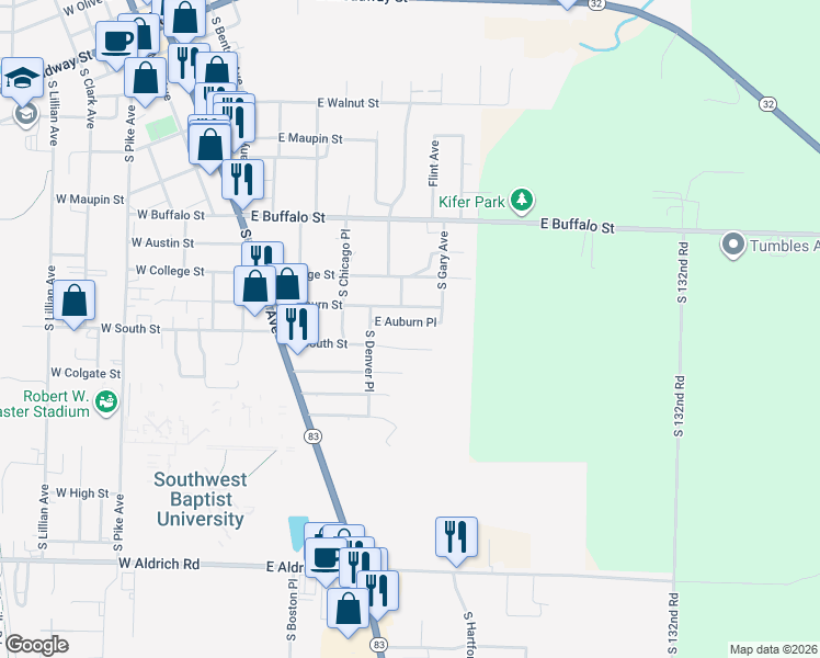 map of restaurants, bars, coffee shops, grocery stores, and more near 1012 E Auburn Pl in Bolivar