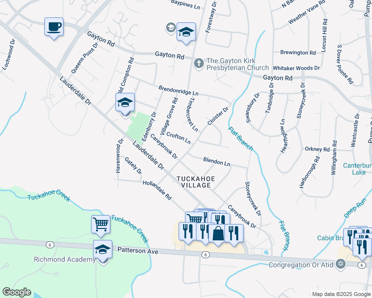 map of restaurants, bars, coffee shops, grocery stores, and more near 11505 Crofton Lane in Richmond