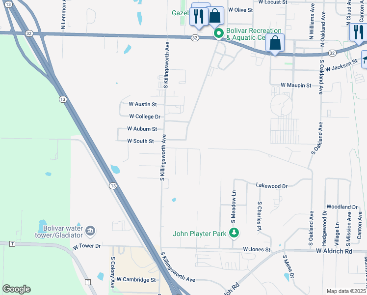 map of restaurants, bars, coffee shops, grocery stores, and more near 2011 West Northwood Street in Bolivar