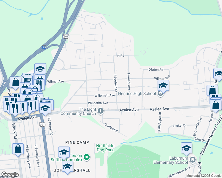 map of restaurants, bars, coffee shops, grocery stores, and more near 628 Windomere Avenue in Richmond