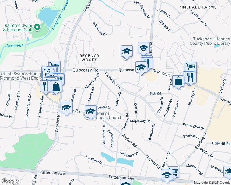 map of restaurants, bars, coffee shops, grocery stores, and more near 9404 Camrose Road in Richmond