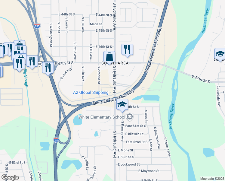 map of restaurants, bars, coffee shops, grocery stores, and more near 4962-4998 South Hydraulic Street in Wichita